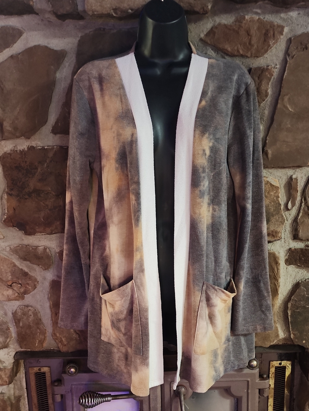 Acting Pro Gray Cream Open-Front Tie-Dye Cardigan with Pockets